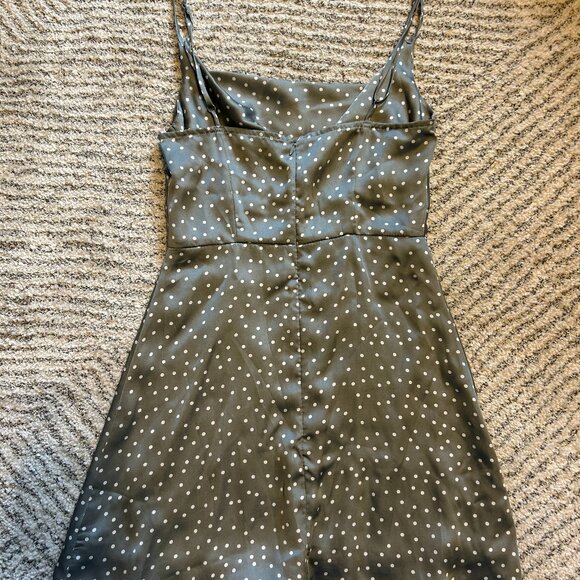 LULUS "Spot in My Heart Sage Grey Polka Dot Satin Cowl Neck Mini Dress" - Picture 2 of 3